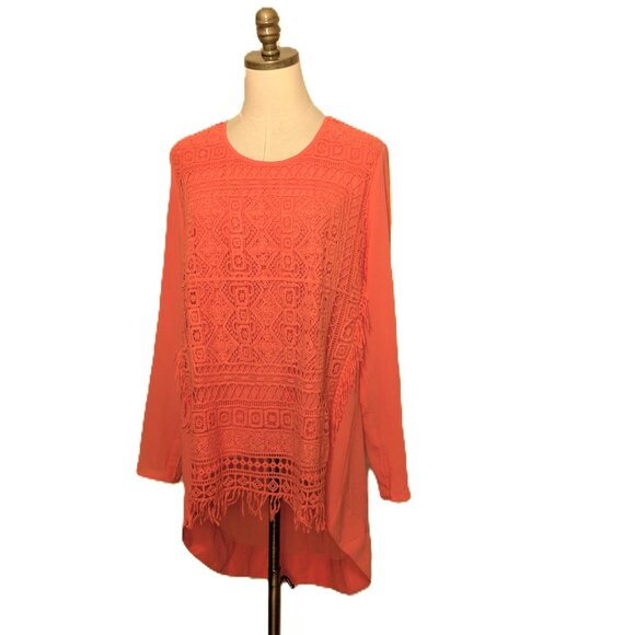 ALI MILES Tunic Top Women's Size L Orange Crochet with Fringe Hi Low - Picture 3 of 6